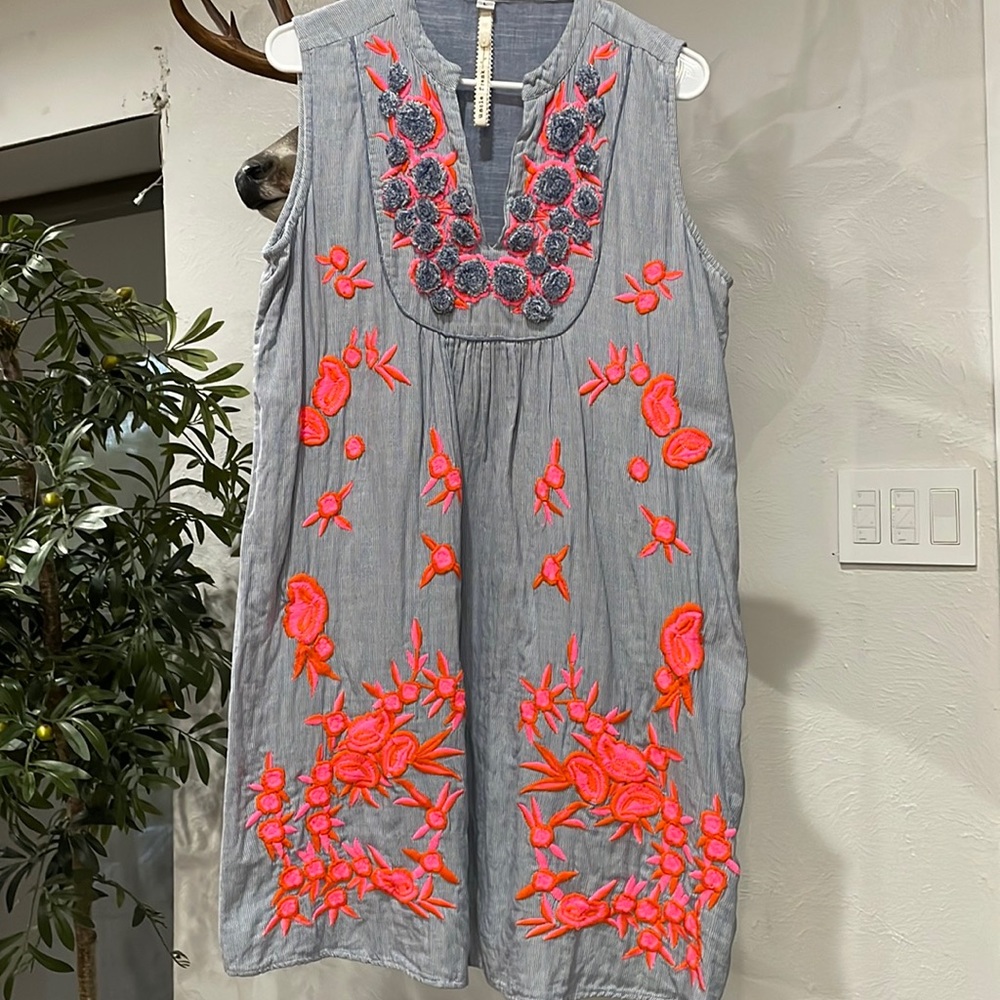 Uncle Frank / Anthropology/chambray/ boho sun-dress w/ bold embroidery